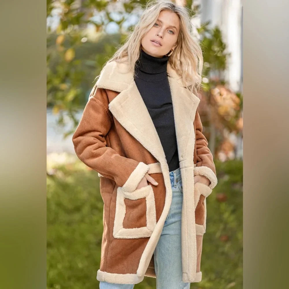 Blank NYC Feels Natural Tan Faux Fur Coat Sherpa Lined - Picture 1 of 9